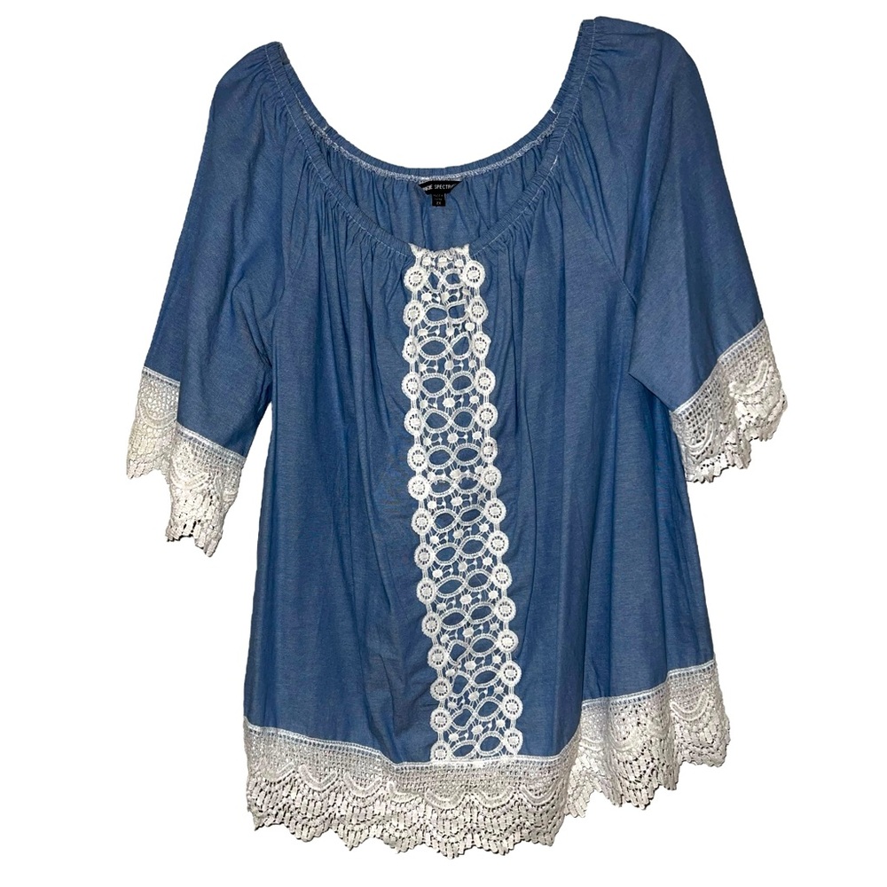 Unique Spectrum Women's Blue Shirt White Lace  Boho Peasant  Blouse Sz 2X